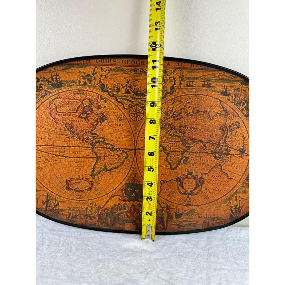 Vintage World Map Oval Serving Tray Orbis Geographica Wicker Handles 18.5 Inch
